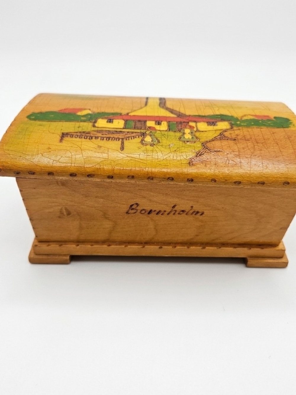 Vintage Bornholm Denmark Wooden Pyrography Trinket Box - Broken Hinge